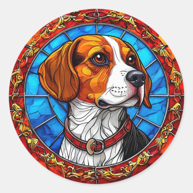 Beagle Dog in Vibrant Stained Glass Art Classic Round Sticker (Front)