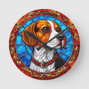 Beagle Dog in Vibrant Stained Glass Art Round Clock