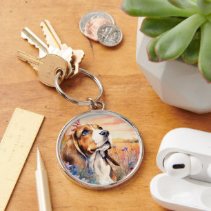 Beagle Dog Lover with Wildflower Meadow Key Ring