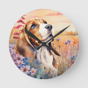 Beagle Dog Lover with Wildflower Meadow Round Clock