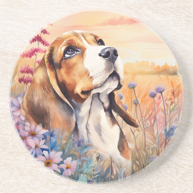Beagle Dog Lover with Wildflower Meadow Sandstone Coaster (Front)