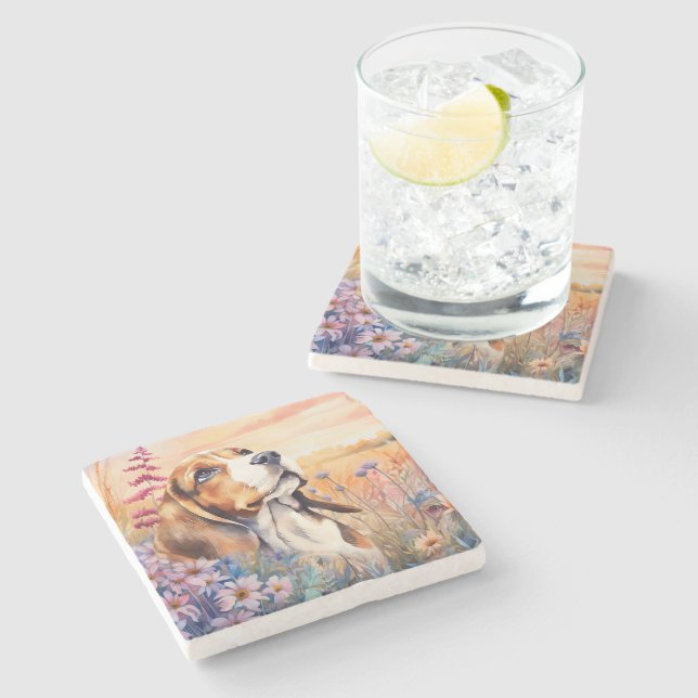 Beagle Dog Lover with Wildflower Meadow Stone Coaster (Side)