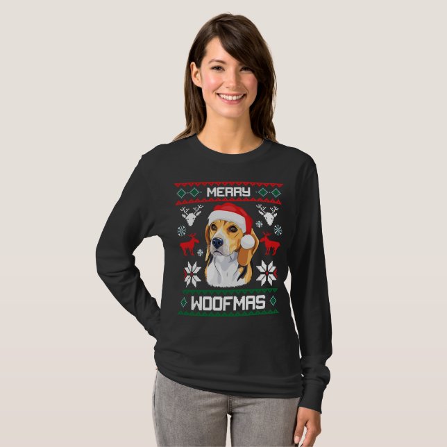 Beagle Dog Merry Woofmas Christmas Longsleeve T-Shirt (Front Full)