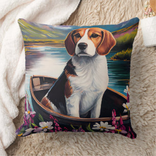 Beagle Dog on a Paddle: A Scenic Adventure  Cushion