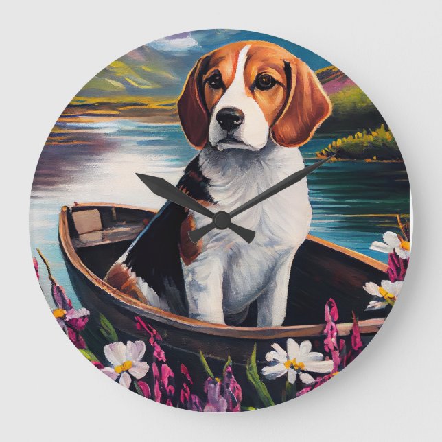 Beagle Dog on a Paddle: A Scenic Adventure Large Clock (Front)