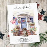 Beagle Dog Patriotic Personalised Pet Moving Announcement Postcard<br><div class="desc">Announce your move to family and friends with our patriotic moving announcement featuring a beautiful watercolor painting of a Beagle dog, modern house with a blue door and the American flag proudly displayed on the front porch. This announcement is perfect for dog lovers and anyone looking to announce their new...</div>