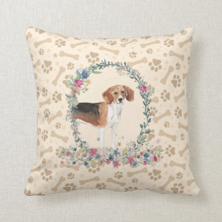 Beagle Dog Paw Print & Floral Cute Cushion