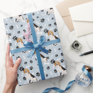 Beagle Dog Paw Print Pattern on Silver Blue Wrapping Paper
