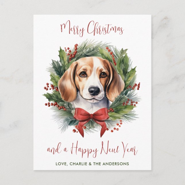 Beagle Dog Personalised Wreath Merry Christmas Holiday Postcard (Front)