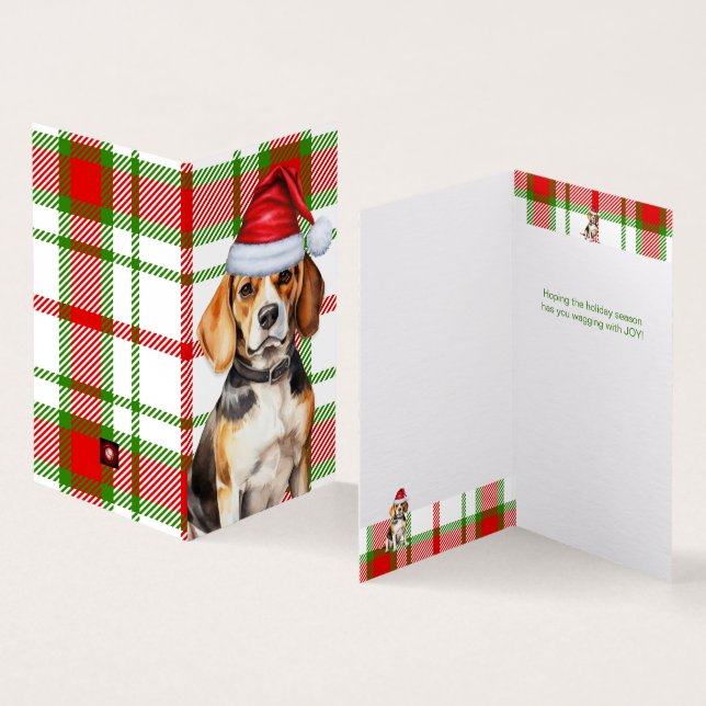 Beagle Dog Red and Green Plaid Holiday Card (Inside and Outside)