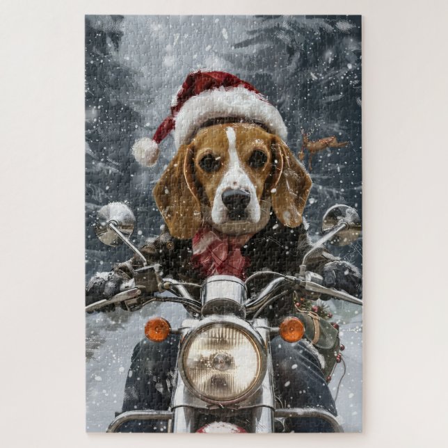 Beagle Dog Riding Motorcycle Christmas Jigsaw Puzzle (Vertical)