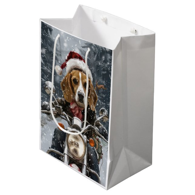 Beagle Dog Riding Motorcycle Christmas Medium Gift Bag (Front Angled)