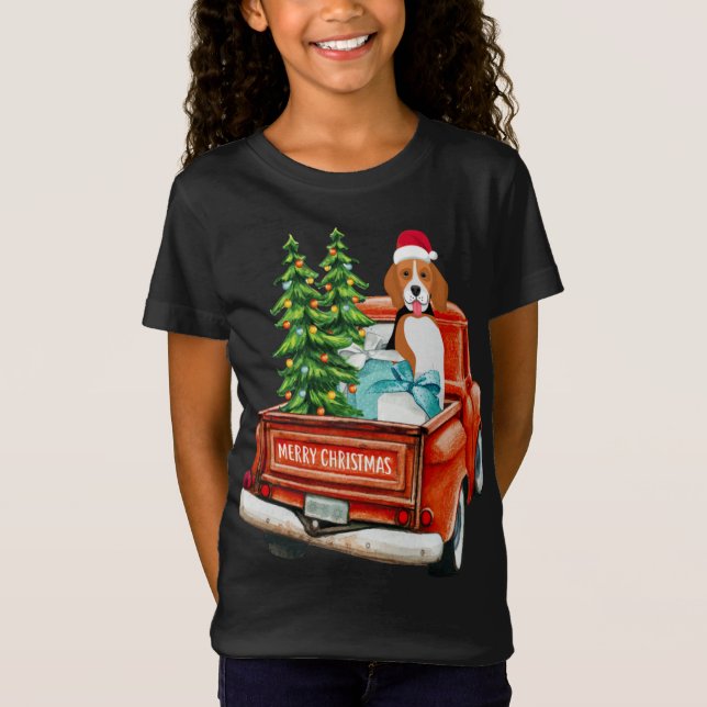 Beagle Dog Riding Red Truck Christmas T-Shirt (Front)