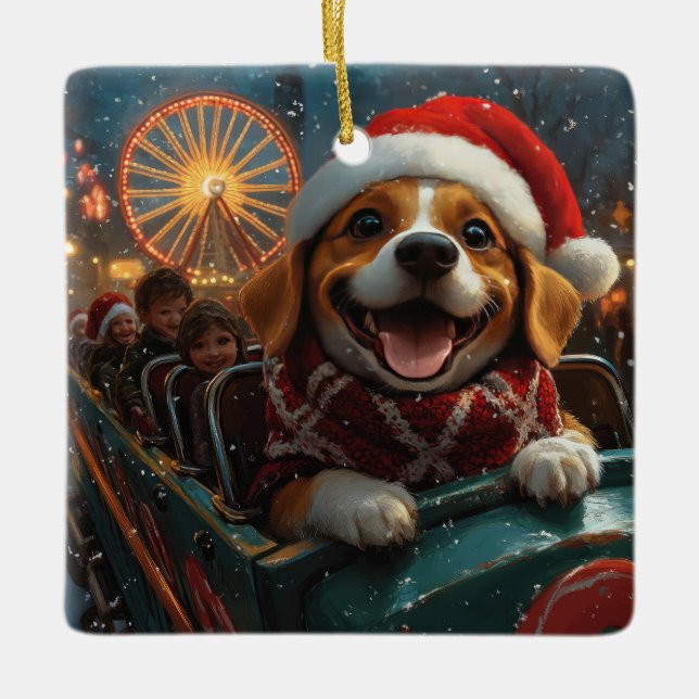 Beagle Dog Roller Coaster Christmas Ceramic Ornament (Front)