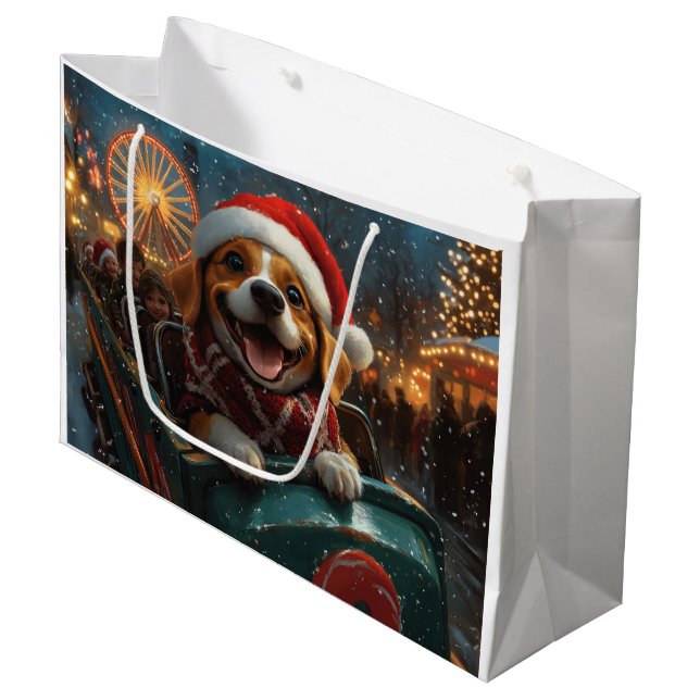 Beagle Dog Roller Coaster Christmas Large Gift Bag (Front Angled)