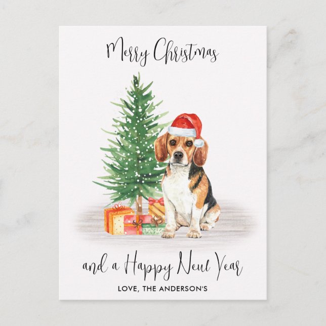 Beagle Dog Santa Festive Tree Merry Christmas  Holiday Postcard (Front)
