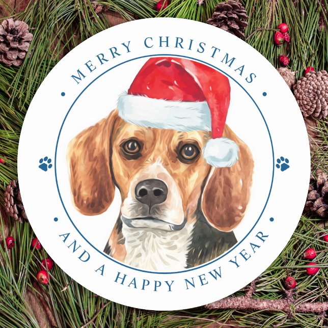 Beagle Dog Santa Personalised Merry Christmas  Classic Round Sticker (Creator Uploaded)