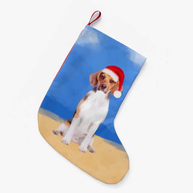 Beagle Dog Sitting On Beach Christmas Hat Small Christmas Stocking (Front (Hanging))