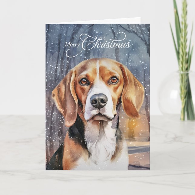 Beagle Dog Snowy Woodland Forest Merry Christmas Holiday Card (Front)