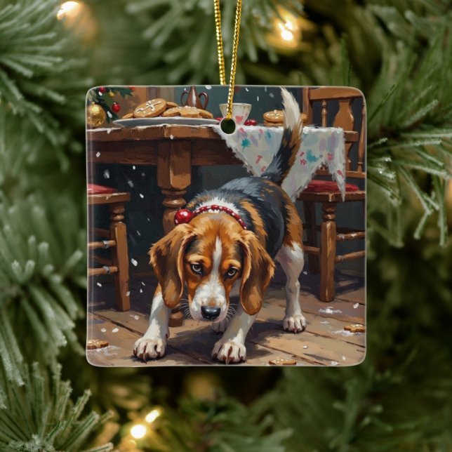 Beagle Dog Tracking Gingerbread Christmas Fun Art Ceramic Ornament (Tree)