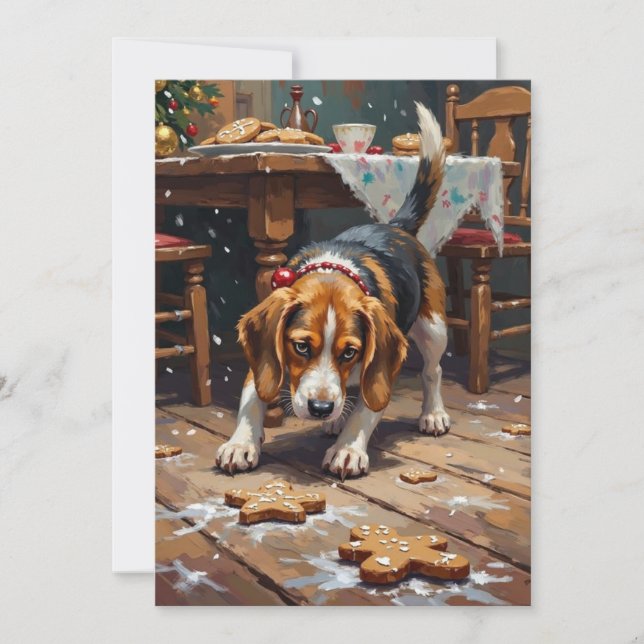 Beagle Dog Tracking Gingerbread Christmas Fun Art Holiday Card (Front)