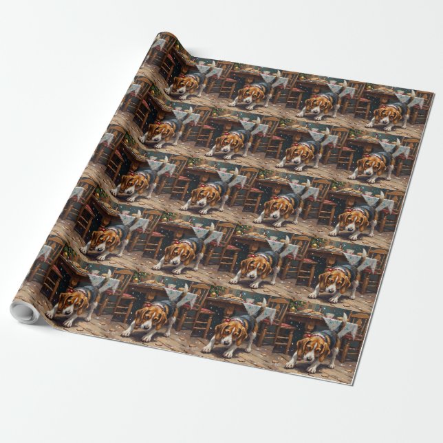 Beagle Dog Tracking Gingerbread Christmas Fun Art Wrapping Paper (Unrolled)