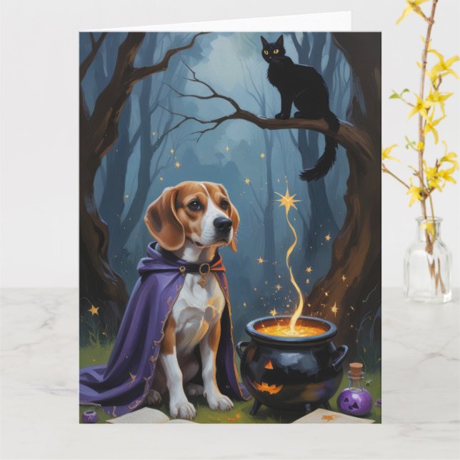 Beagle Dog Whimsical Halloween Painting Card (Yellow Flower)