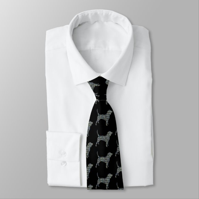 Beagle Dog Yellow & Blue Grid Lines Black Tie (Tied)