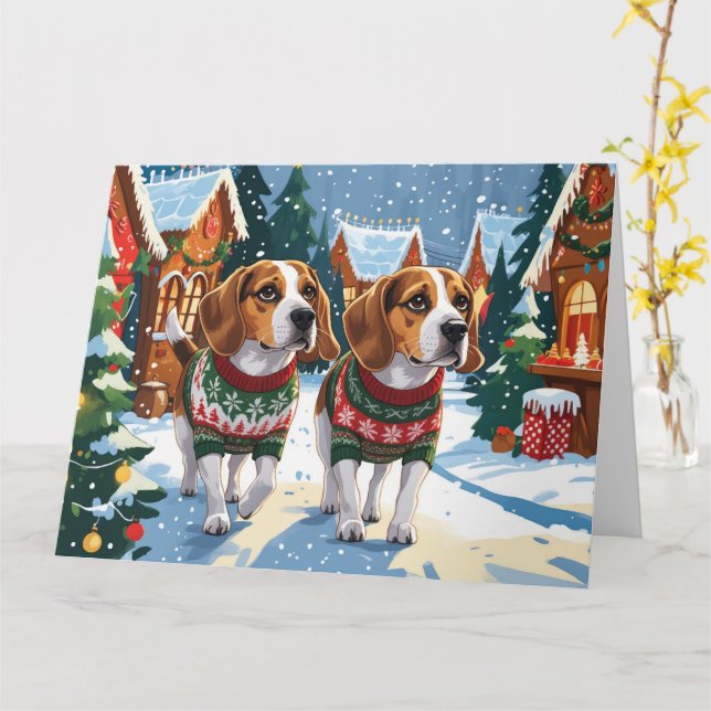 Beagle Dogs Christmas Snow Holiday Card (Yellow Flower)