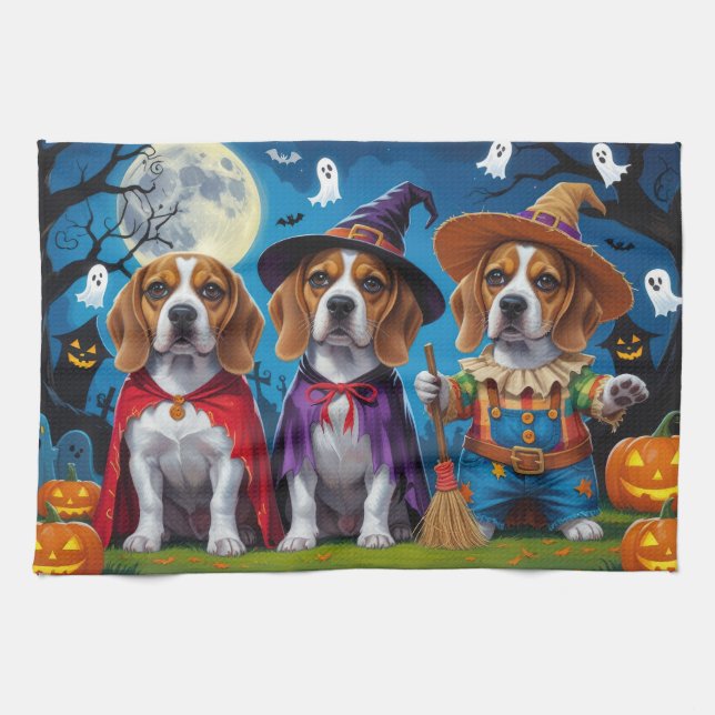 Beagle Dogs Pumpkin Halloween Funny Tea Towel (Horizontal)
