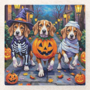 Beagle Dogs Trick-or-Treating in Halloween Costume Glass Coaster