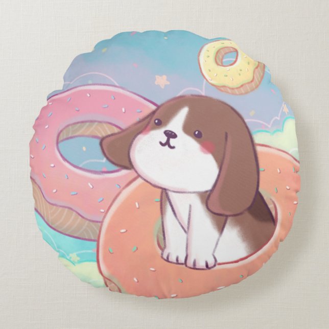 Beagle & Donuts Round Cushion (Front)
