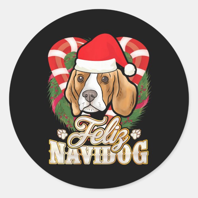 Beagle Feliz Navidog Santa Claus Hat Dog Christmas Classic Round Sticker (Front)