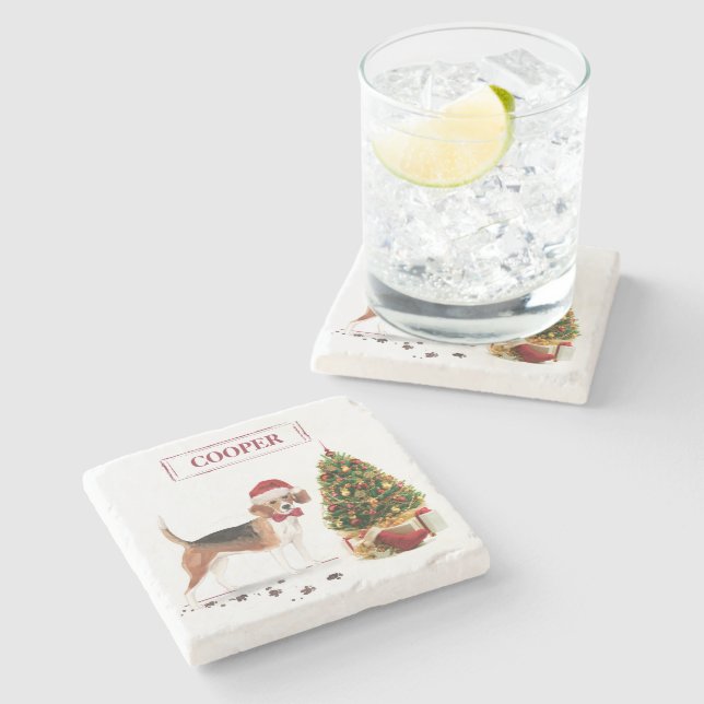 Beagle Funny Christmas Dog with Tree Stone Coaster (Side)