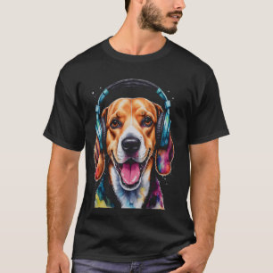 Beagle Headphones Dog Funny Animal Art Print Graph T-Shirt