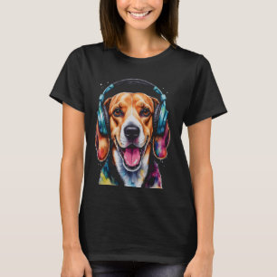 Beagle Headphones Dog Funny Animal Art Print Graph T-Shirt