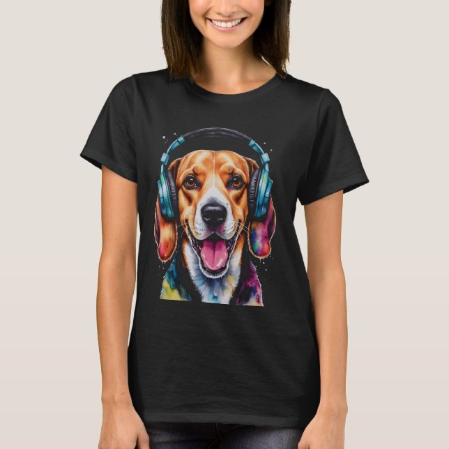 Beagle Headphones Dog Funny Animal Art Print Graph T-Shirt (Front)