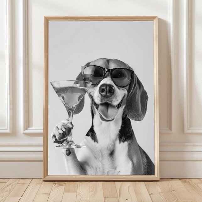 Beagle Holding A Cocktail Wall Art, Black and Whit Poster (Creator Uploaded)