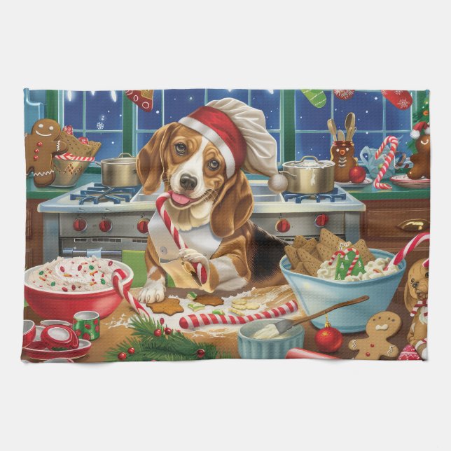 Beagle Holiday Baking: Festive Christmas Tea Towel (Horizontal)