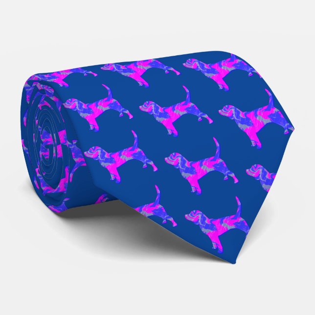 Beagle Hound Dog Pink & Blue Silhouette Blue Tie (Rolled)