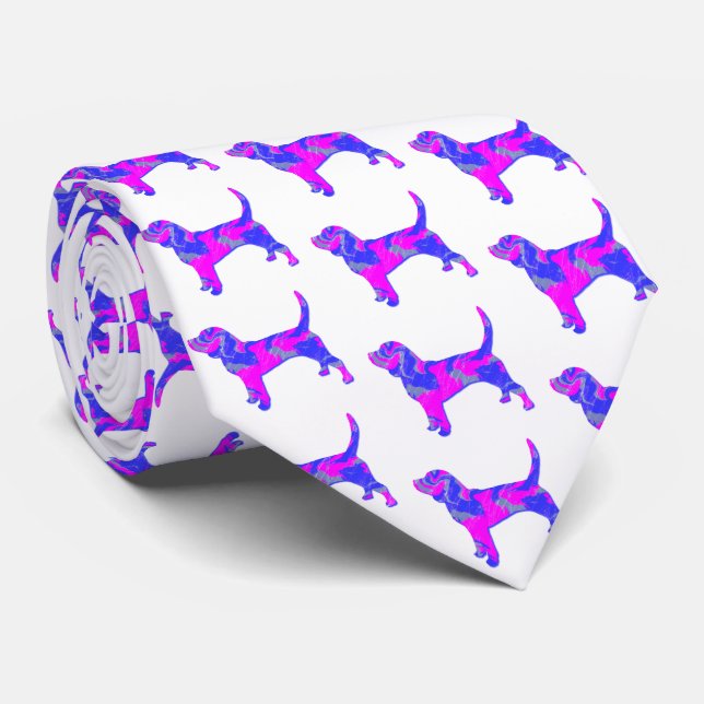 Beagle Hound Dog Pink & Blue Silhouette White  Tie (Rolled)