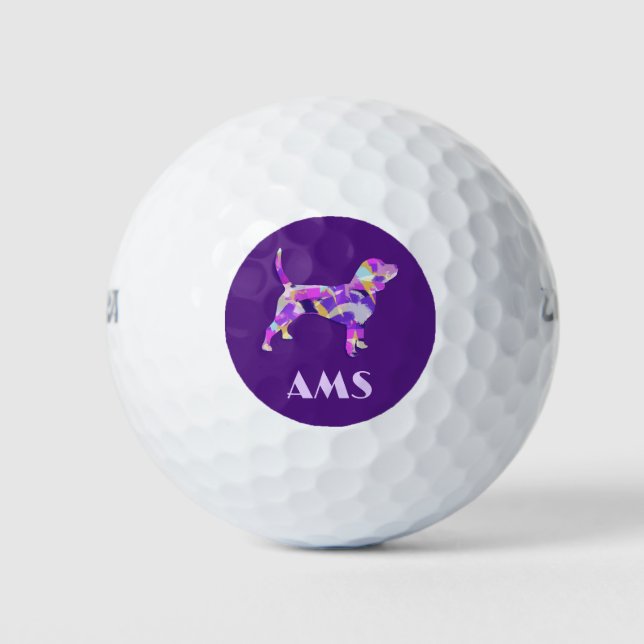 Beagle Hound Dog Purple Silhouette Monogram Golf Balls (Front)