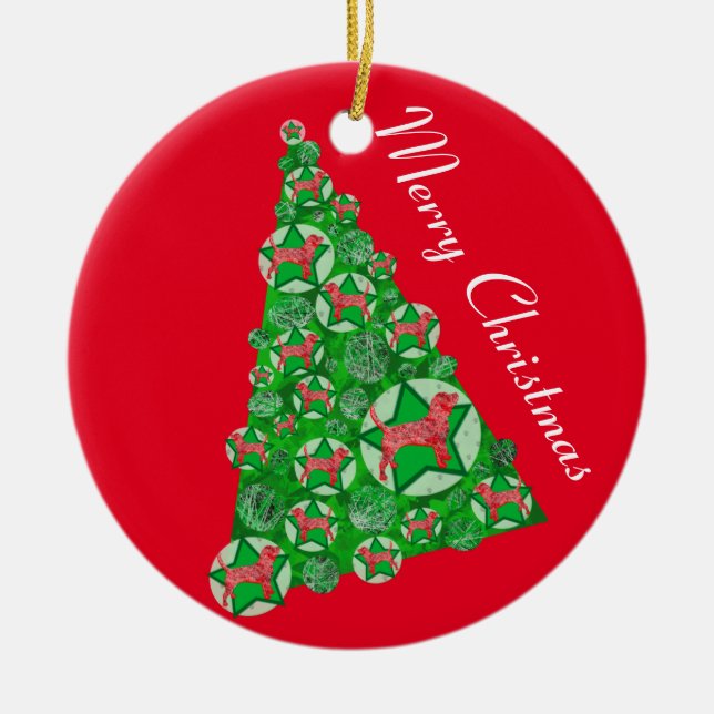 Beagle Hound Dog Silhouette Christmas Tree Red Ceramic Tree Decoration (Front)
