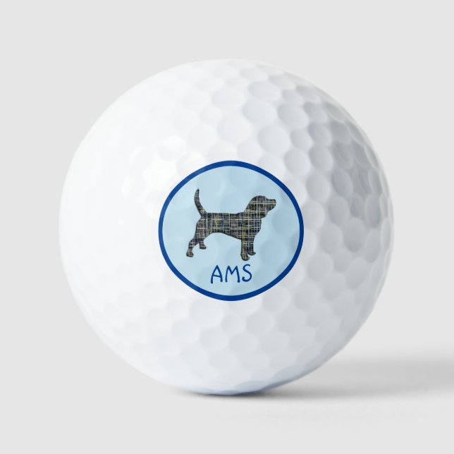 Beagle Hound Dog Silhouette Monogram Grid Blue Golf Balls (Front)