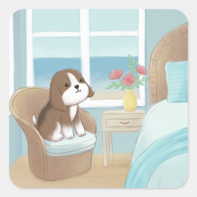 Beagle in Bedroom Illustration Square Sticker (Front)