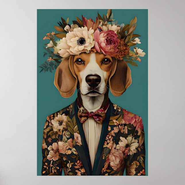 Beagle In Suit Poster, Beagle Portrait, Beagle Oil Poster (Front)