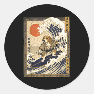 Beagle japanese surfing kanagawa wave funny samura classic round sticker