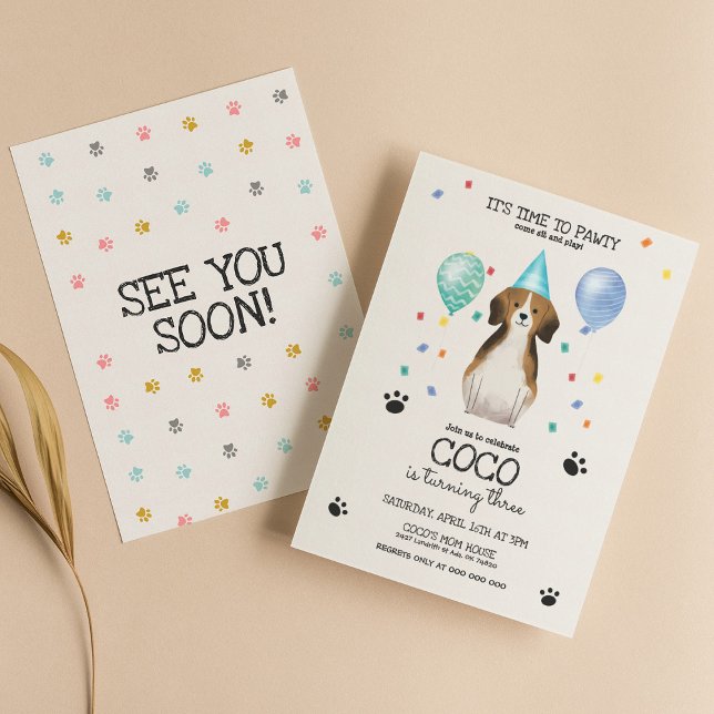 Beagle Lets Pawty Dog Birthday Invitation Blue (Creator Uploaded)