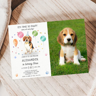 Beagle Lets Pawty Dog Puppy Birthday Blue Photo Invitation