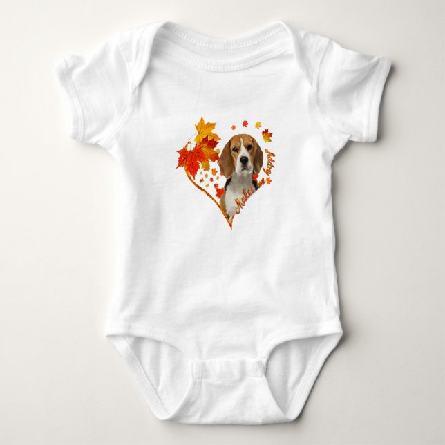 Beagle Makes Me Happy Fall Heart Leaves  Baby Bodysuit (Front)